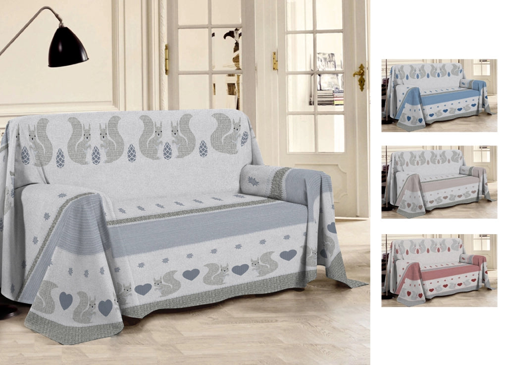 Telo Arredo Multiuso Linea Pensieri Delicati In 100% Cotone Disegno Scoiattolo - Matrimoniale - Grigio