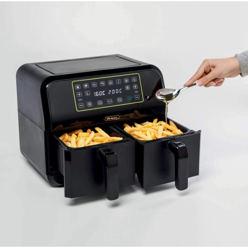 Friggitrice ad aria 1700W con doppio cestello, 8L - 3 funzioni di cottura, pannello digitale LED - Nero