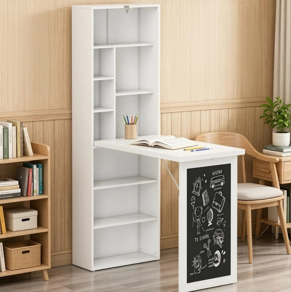 Scrivania pieghevole a parete con libreria e lavagna