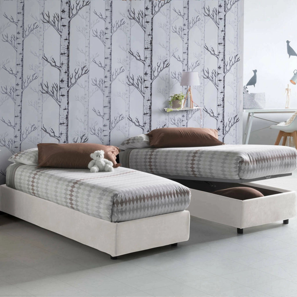 Letto singolo Aribal, Letto contenitore con rivestimento in tessuto, Made in Italy, Apertura frontale, con materasso cm 90x200 incluso, Bianco