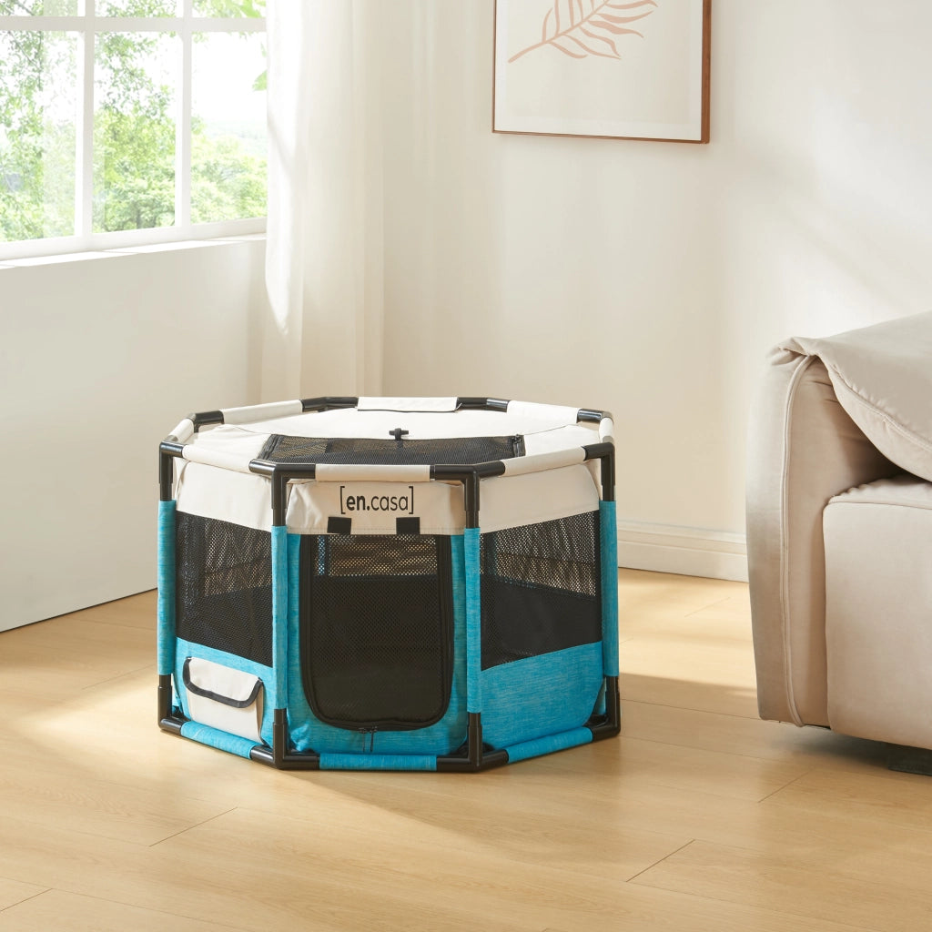 Kennel Nærøysund Rifugio Coperto per Cani e Gatti 112 x 112 x 62 cm Blu / Beige [en.casa]