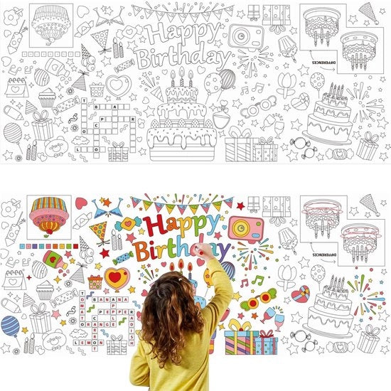 Tavolino Happy Birthday - Tavolino da colorare - Tavolino per compleanni - Panno premium - Dimensioni 183 x 76 cm - Adatto per bambini - Tavolino con disegno da colorare