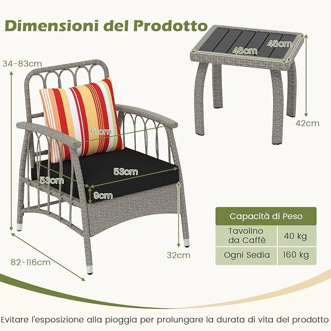 Set Salotto da Giardino in Rattan PE, Set da Esterno con 2 Poltrone Divani Schienale Regolabile, 4 Cuscini e Tavolo, Set Attedo Giardino Resistente, per Balcone, Patio e Terrazza
