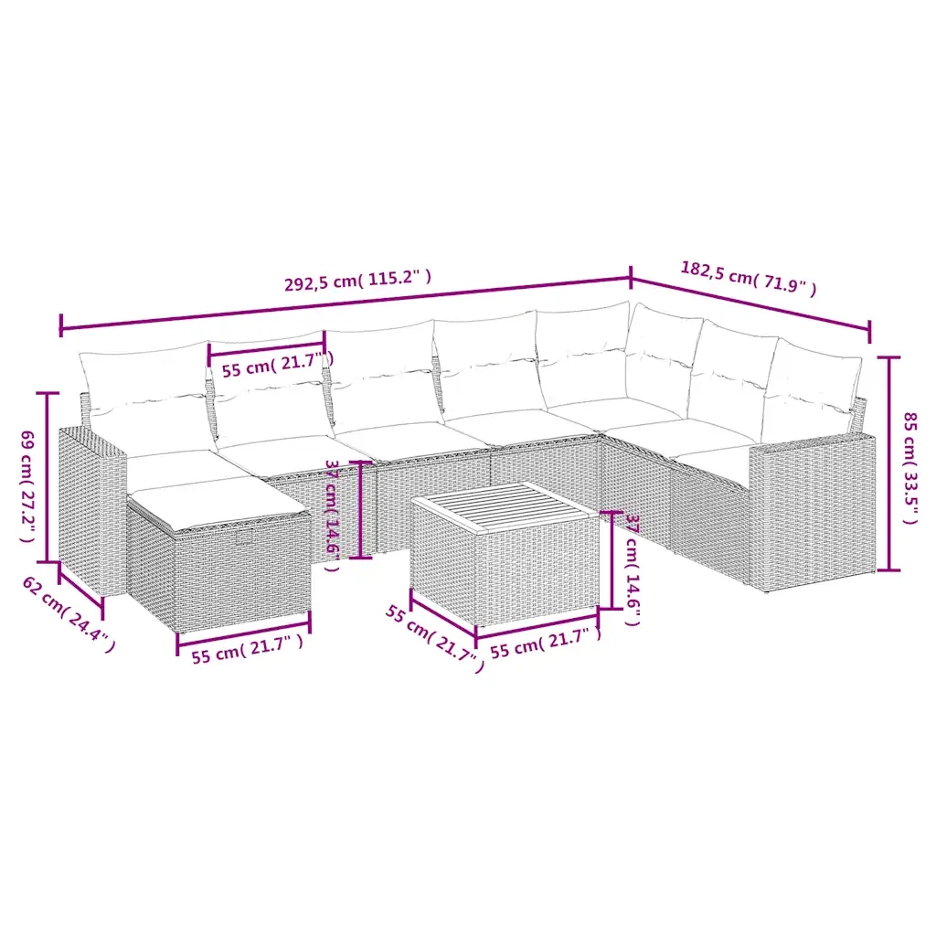 Set Divano da Giardino 9 pz con Cuscini Grigio in Polyrattan 3264875