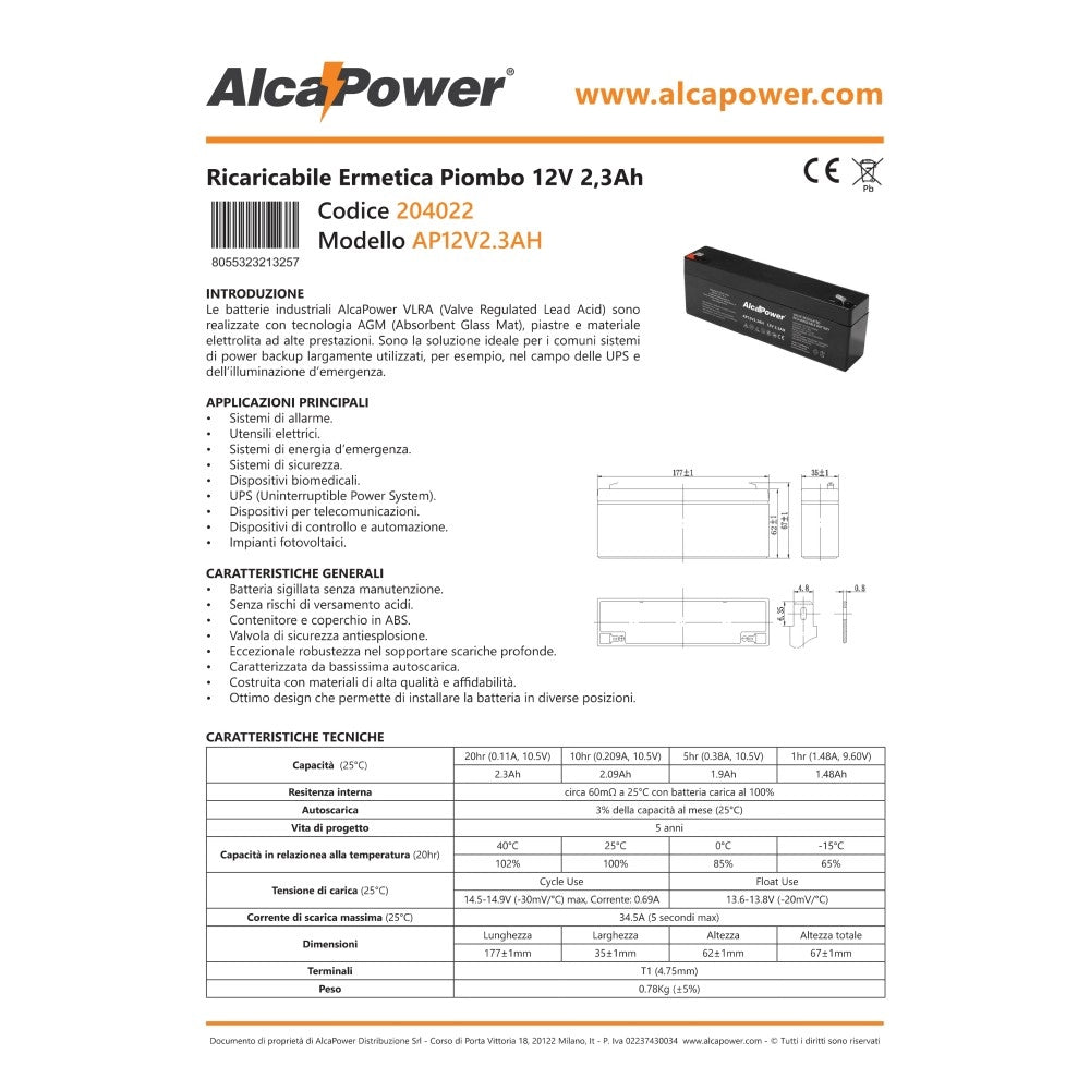 Alca power batteria al piombo da 12v 2,3ah ricaricabile per ups e illuminazione di emergenza