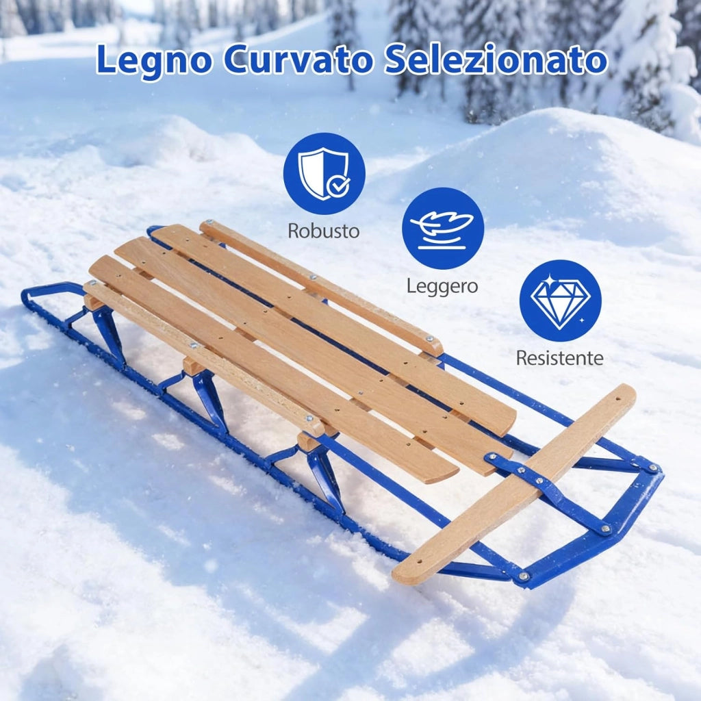 Slittino da Neve, Slittino per Bambini e Adulti con Barra di Direzione, Fori Preforati e Maniglie, Slitta da Neve in Legno e Metallo Vernicato, Carico Massimo 150 kg