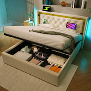 Letto contenitore 140 × 200 cm con LED e porte USB Type-C testiera imbottita beige rete a doghe inclusa