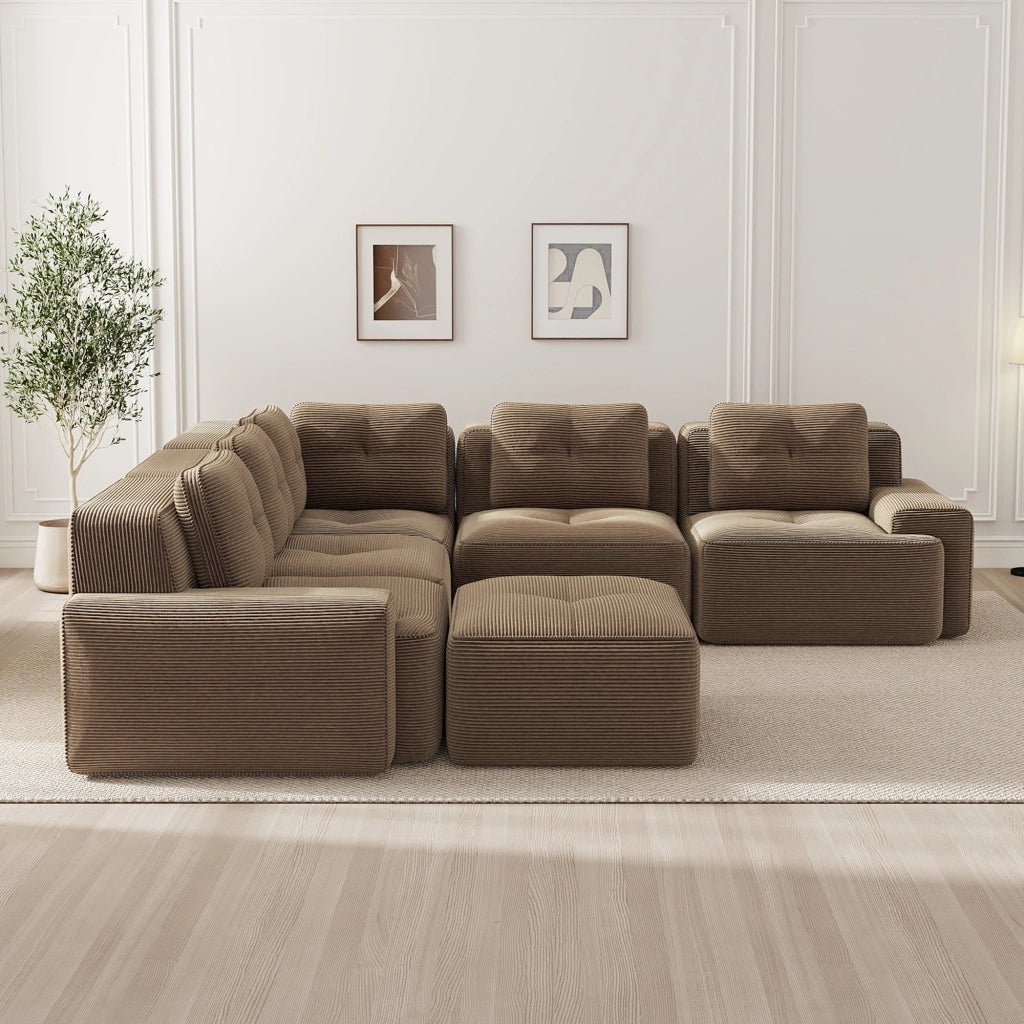 Divano angolare modulare senza struttura con seduta profonda e tessuto in velluto a coste marrone 295 × 295 × 69 cm