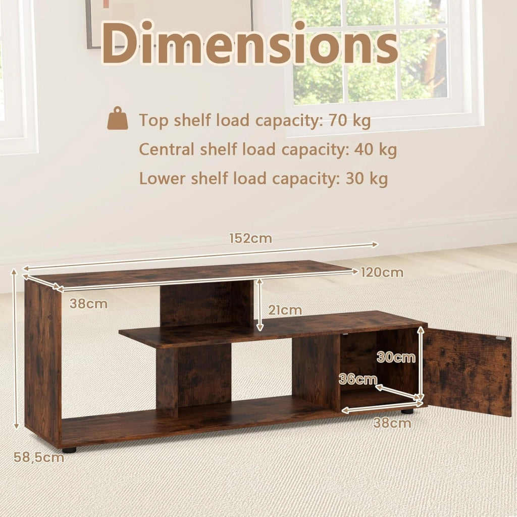 Mobile TV per TV fino a 55 pollici, Panca TV a 3 livelli con armadio a porta, tavolo TV con gambe regolabili, 152 x 38 x 58,5 cm, per soggiorno camera da letto e ufficio (industriale)