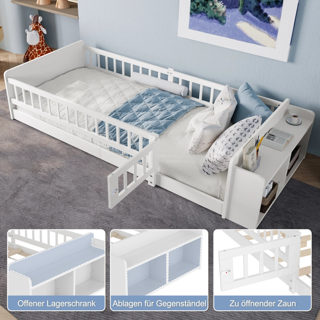 DESMIU Letto Bambino 90 × 200 cm 1 Posto con Vani Aperti, Ripiani e Sponda Apribile, Senza Materasso