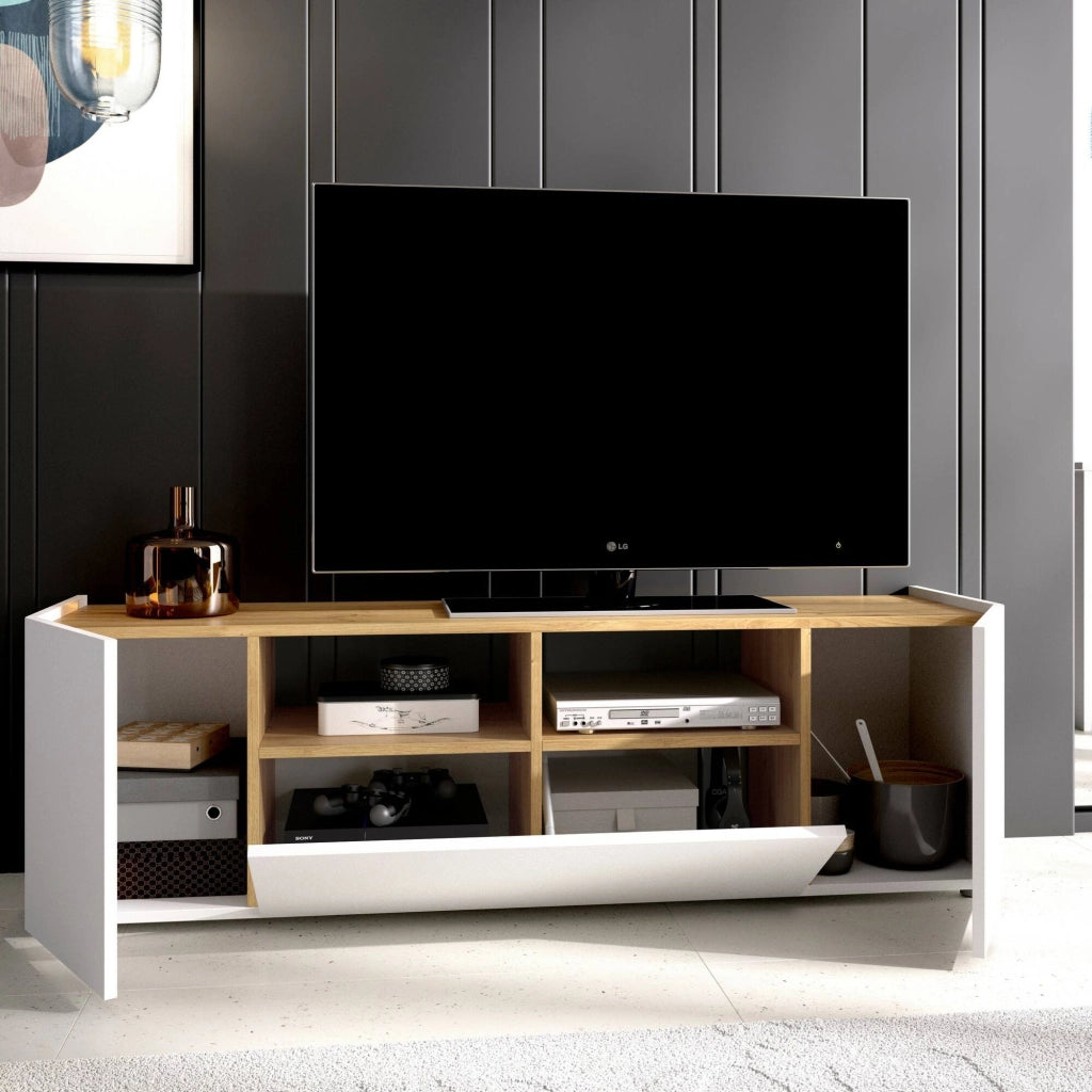 Mobile porta TV Vulcano, Credenza bassa da soggiorno, Madia da salotto per televisione, 142x35h44 cm, Bianco e Rovere Nodi