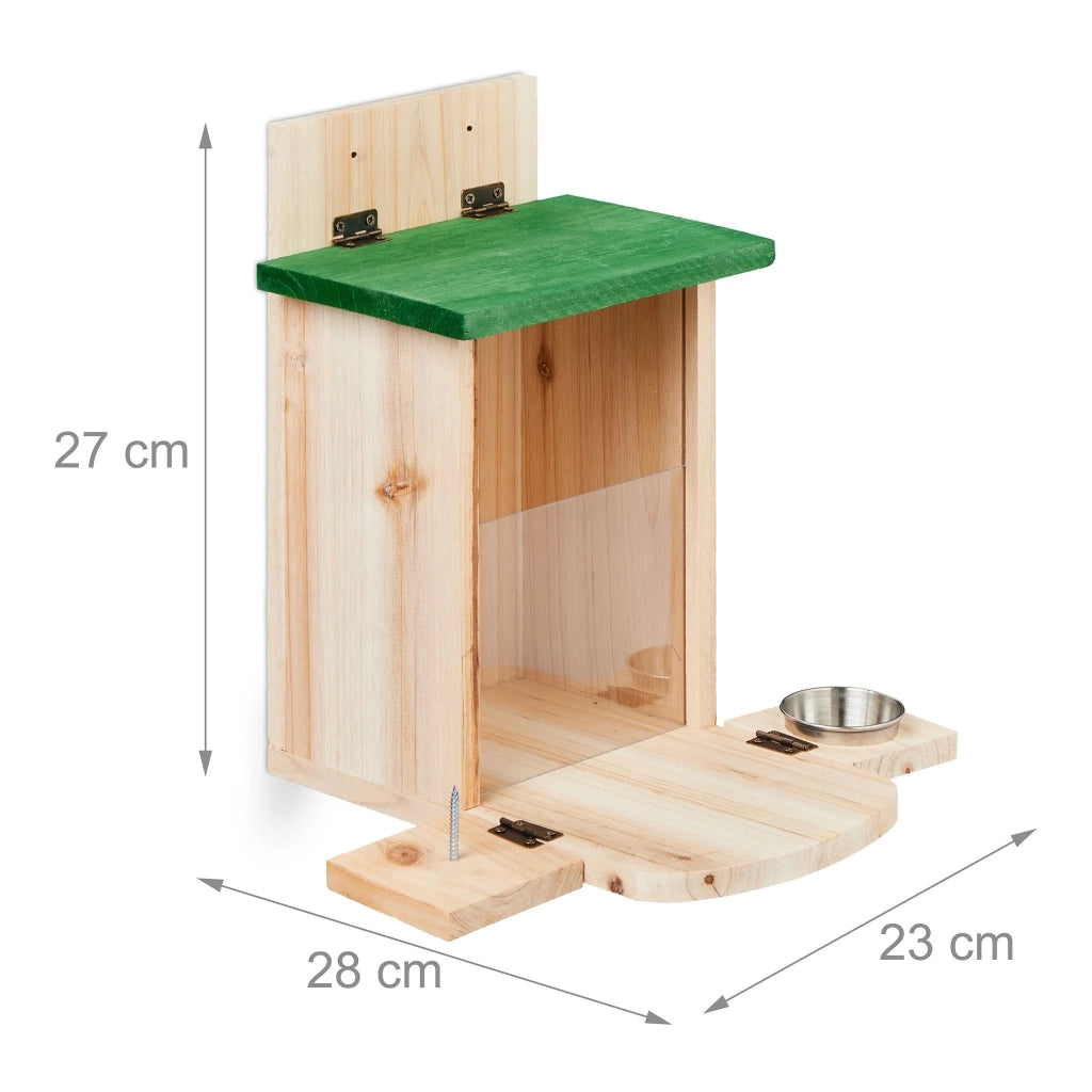 Mangiatoia per scoiattoli da appendere giardino dimensioni 30 x 20 x 20 cm con secchiello per l'acqua e tetto largo in legno naturale 13_0014040