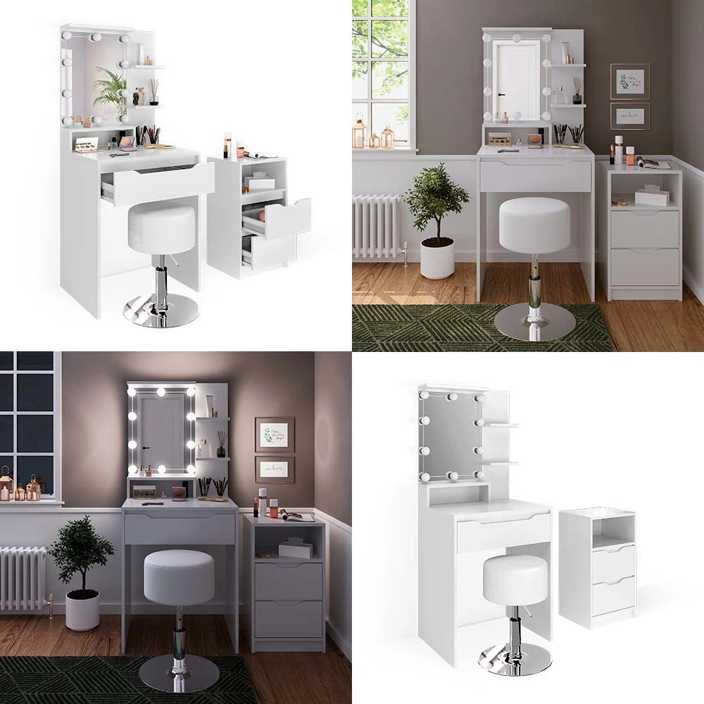 Vicco Tavolo da toeletta Bianco con cassettiera, illuminazione a LED e sgabello