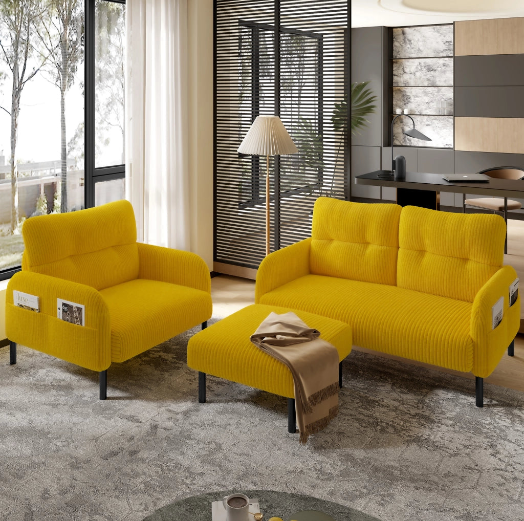 Pouf in tessuto a coste giallo 56 x 51 x 39 cm con struttura in metallo