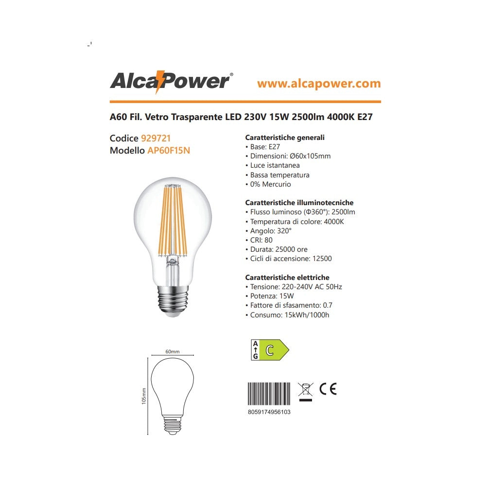 Alca power a60 15w 220v 2500lm 4000k e27 lampada classica a filamento a led