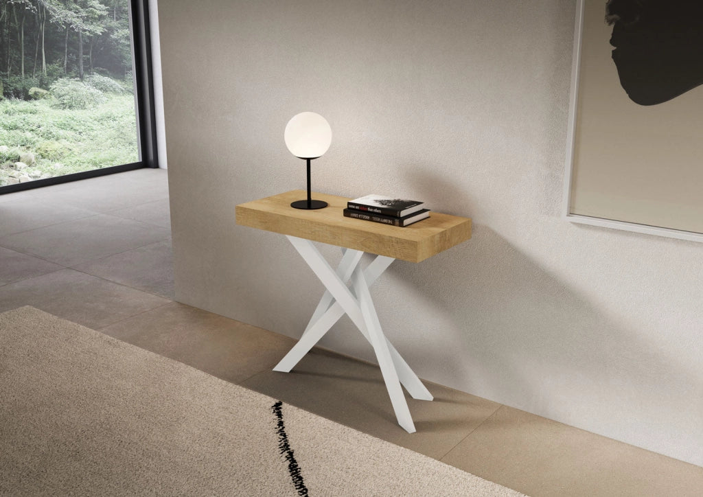 Consolle Allungabile 90-196x40x77 cm Saki Small Premium Quercia Natura Gambe Bianche