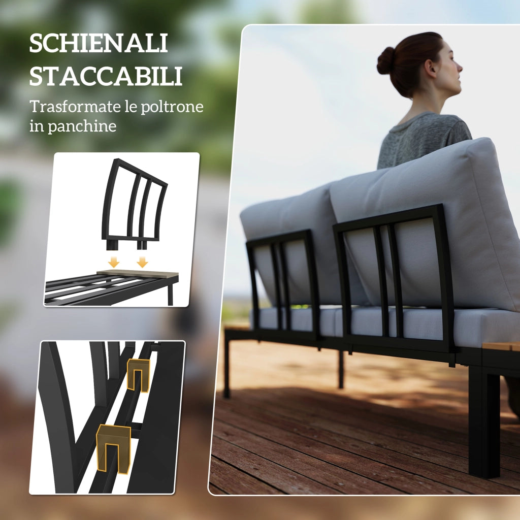Set Salotto da Giardino Modulabile 2 Divanetti e 2 Tavolini in Metallo e Legno Composito Grigio Nero e Teak