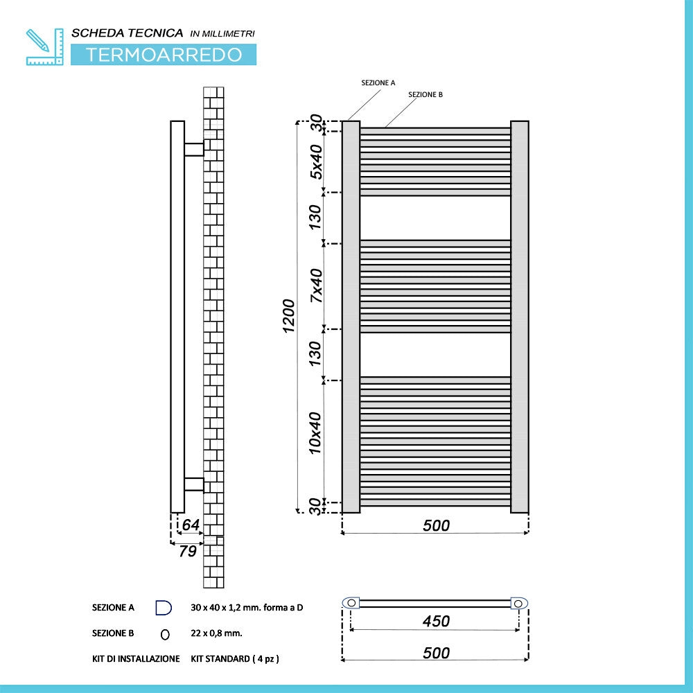Termoarredo elettrico bianco 700w H120 x 50 interasse 45 cm