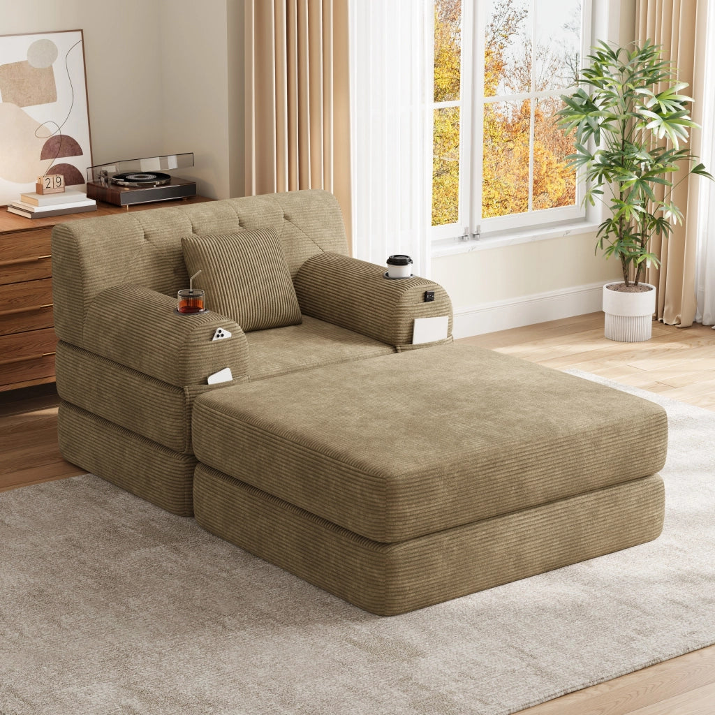 Poltrona letto 1 posto con funzione letto; portabicchieri e 4 tasche in corduroy kaki