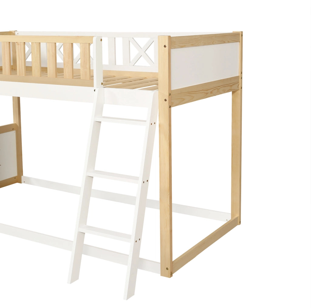 Letto a soppalco per bambini 90x200 cm bianco naturale con lavagnetta e contenitore