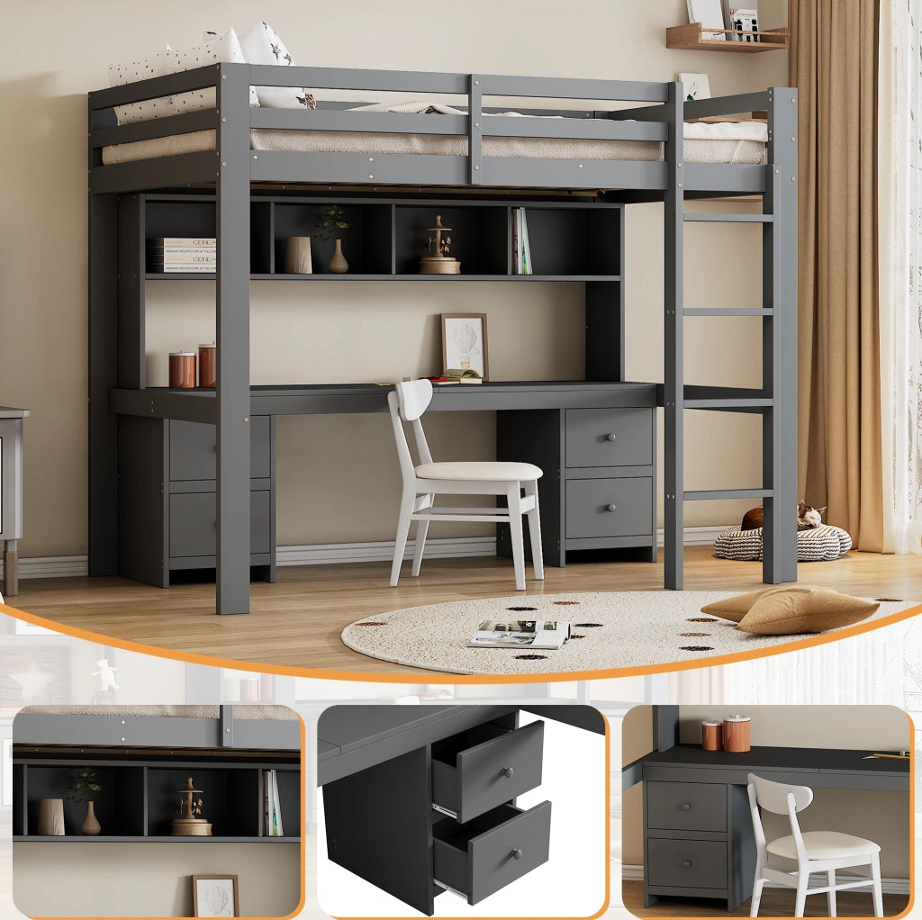 Letto a soppalco ULEVR 90x200 cm con scrivania, 4 cassetti e 4 vani, grigio