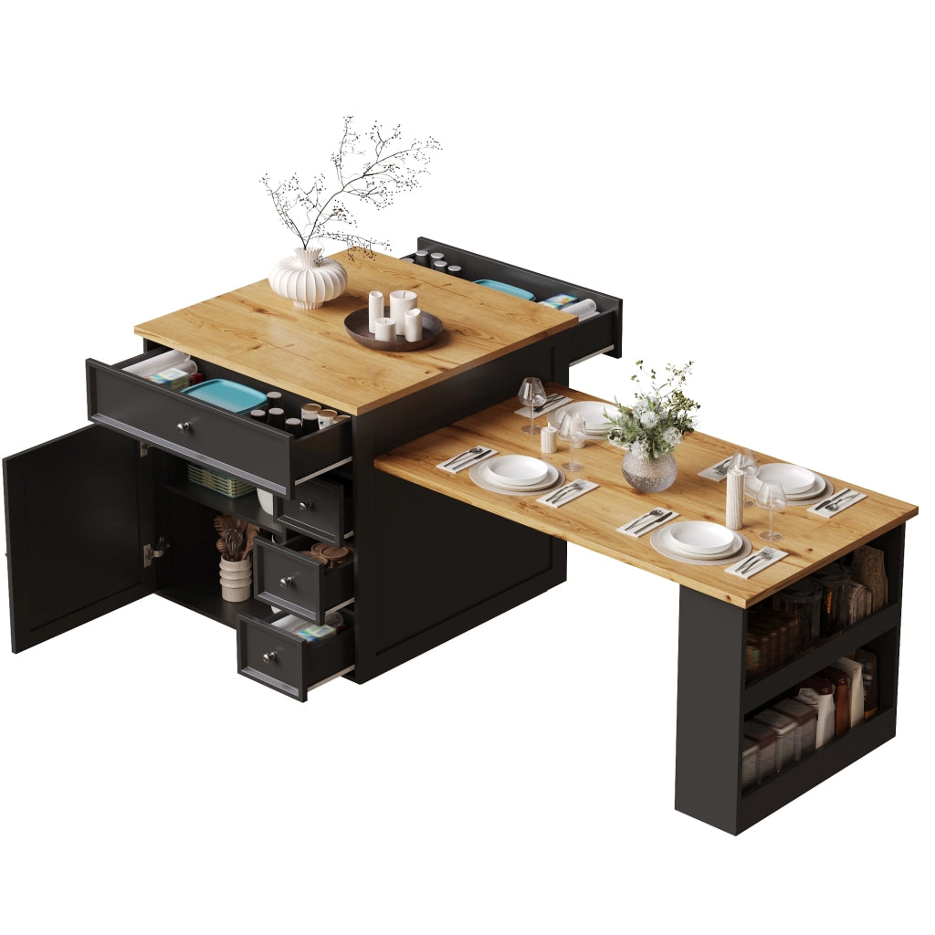 Isola Cucina Allungabile con Cassetti e Ruote ¨C MINIMAL ¨C Piano Effetto Legno, Nero, 120-184 cm