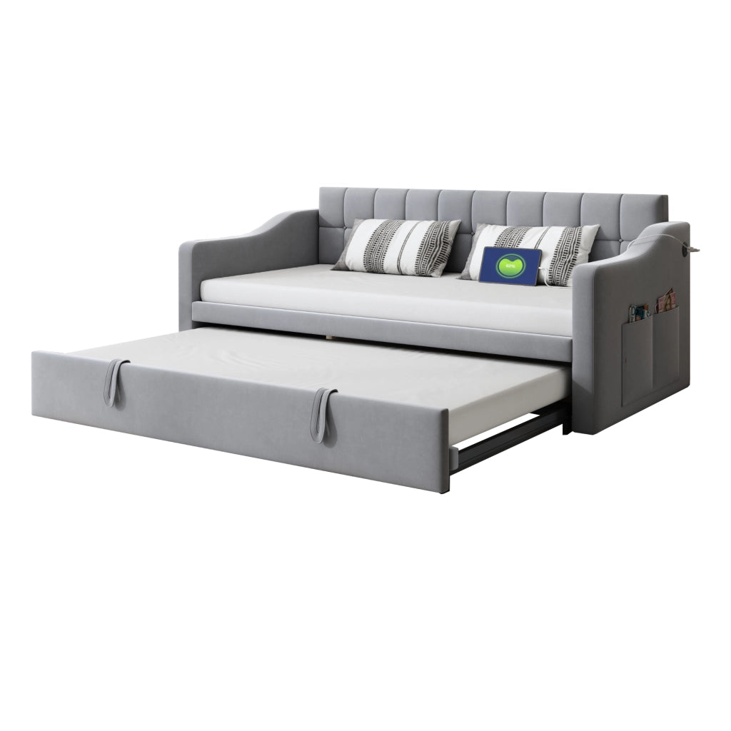 OKWISH Letto Estraibile 90×190 cm, Letto Singolo con 2 Porte USB, Presa e Tasca Portaoggetti, senza Materasso, Velluto, Grigio Chiaro