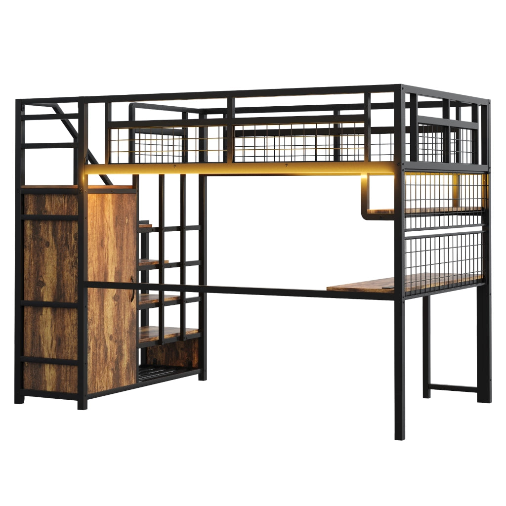 Letto a soppalco in metallo 140x200 cm nero con scrivania, scaffale, scala contenitore, armadio e luci integrate