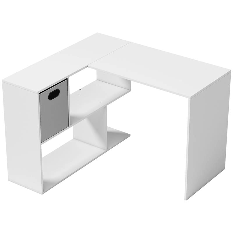 SCRIVANIA ANGOLARE MODERNA CON SCAFFALE E CASSETTO IN TESSUTO, 110X100X75 CM, BIANCO