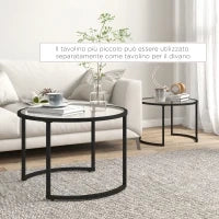 Set 2 Tavolini da Caffè Sovrapponibili in Vetro e Acciaio, Ø70x47.5 cm e Ø54 x 42.5 cm, Nero