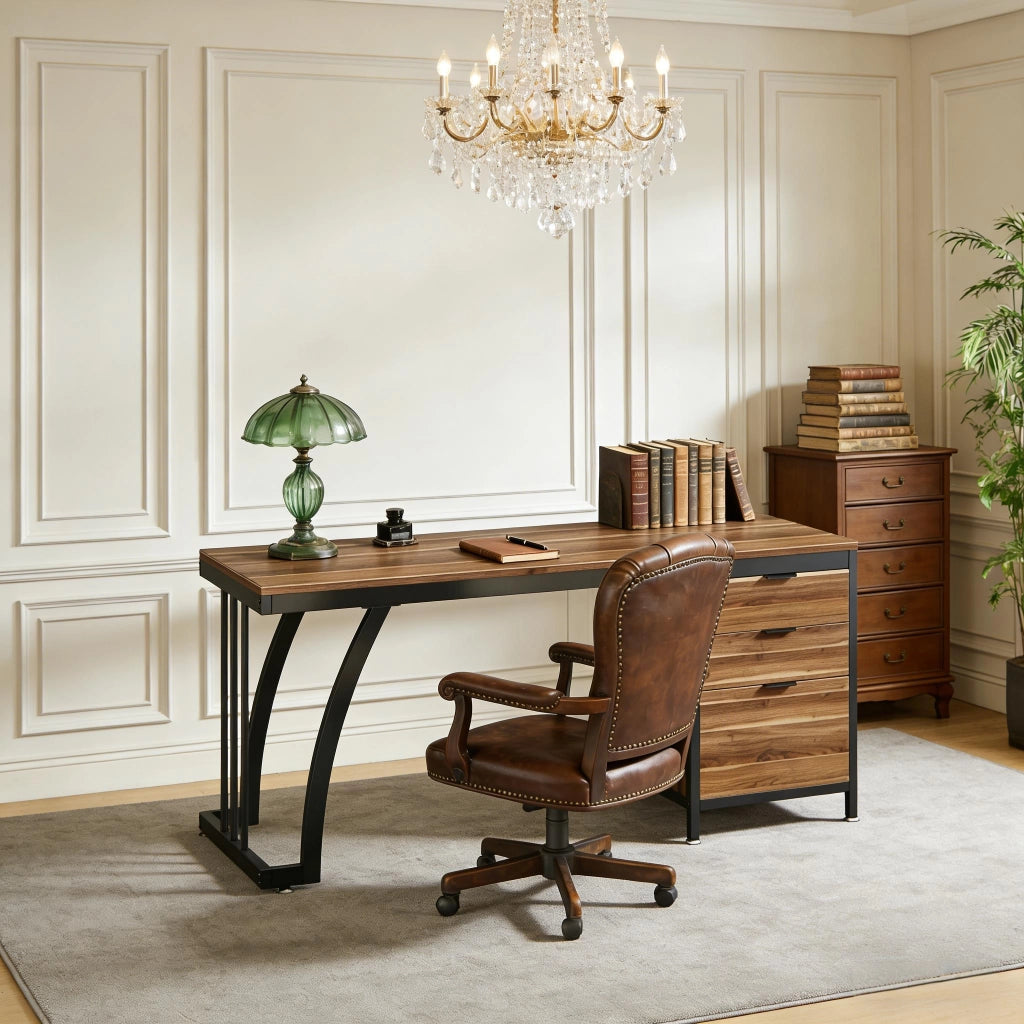 Scrivania lineare con 3 cassetti e piano ampio gambe regolabili per ufficio e studio in metallo e legno noce da lavoro