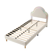Letto Singolo 90 x 200 cm - LED Multicolore e Testiera Imbottita a Nuvola - Velluto - Beige