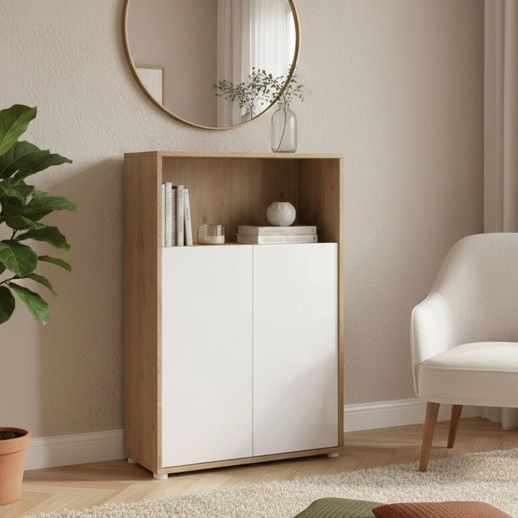 Credenza Canossa, Buffet da soggiorno, Madia da salotto, Dispensa da cucina, 80x34 h124 cm, Rovere e Bianco