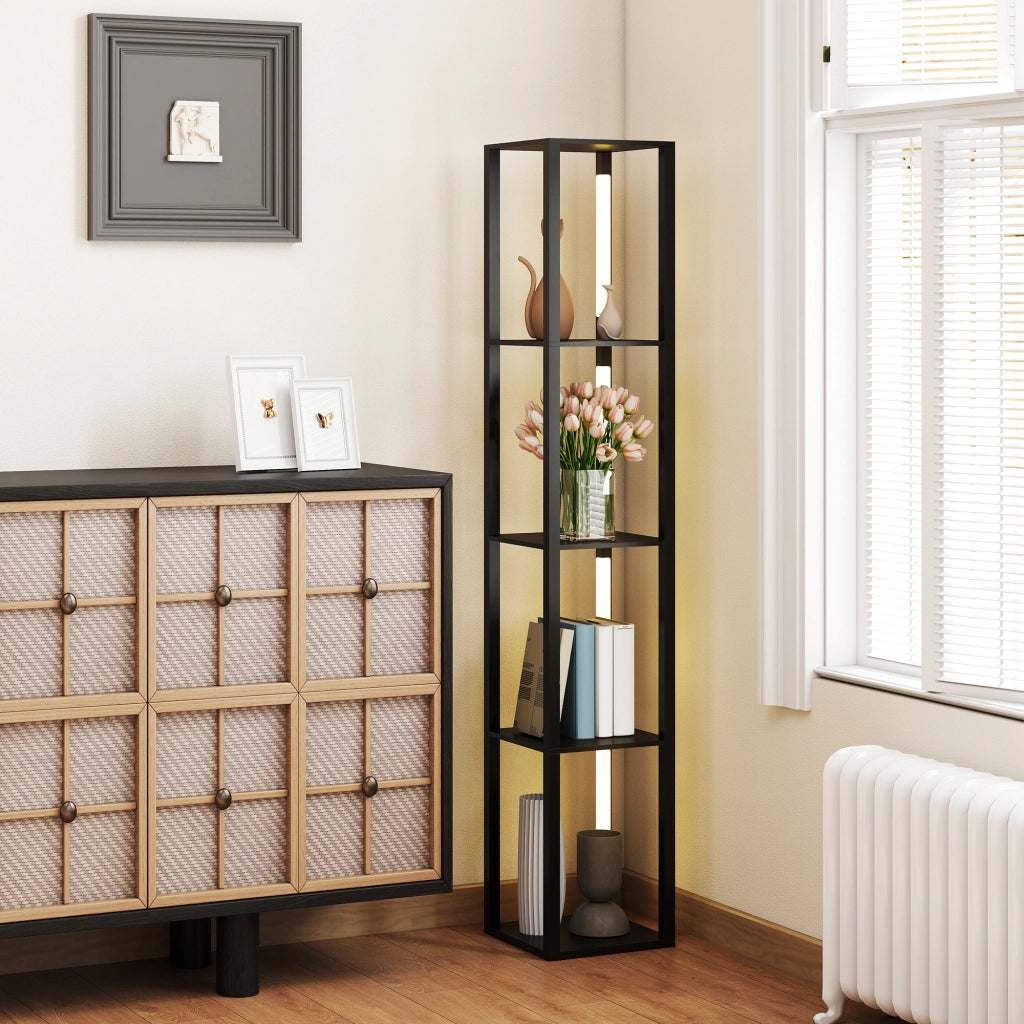 Lampada da Terra con 4 Ripiani, 3 Luminosit¨¤ Regolabili e Interruttore a Pedale, 29x29x163 cm, Nero