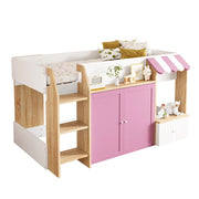 Letto a soppalco per bambini 90x200 cm a casetta con scala; rosa e bianco