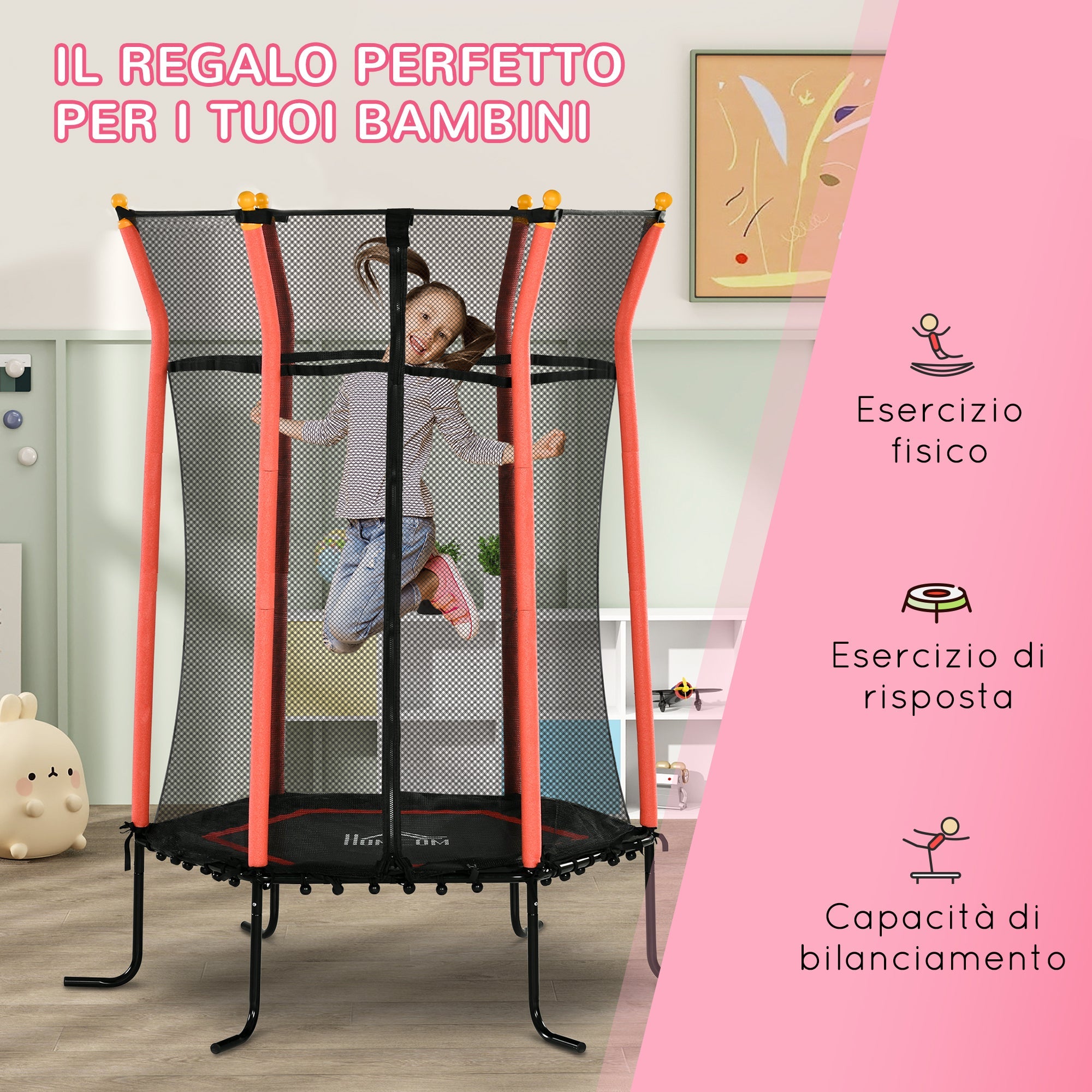 Tappeto Elastico per Bambini Ø163.5x190 cm con Ingresso a Cerniera e Pali Imbottiti Rosso
