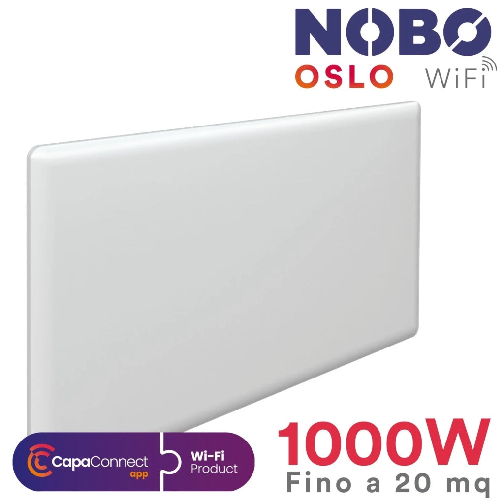 Radiatore elettrico norvegese NOBO OSLO WiFi 1000W perfetto per ambienti fino a 20 m_, riscaldamento uniforme ed ecologico.