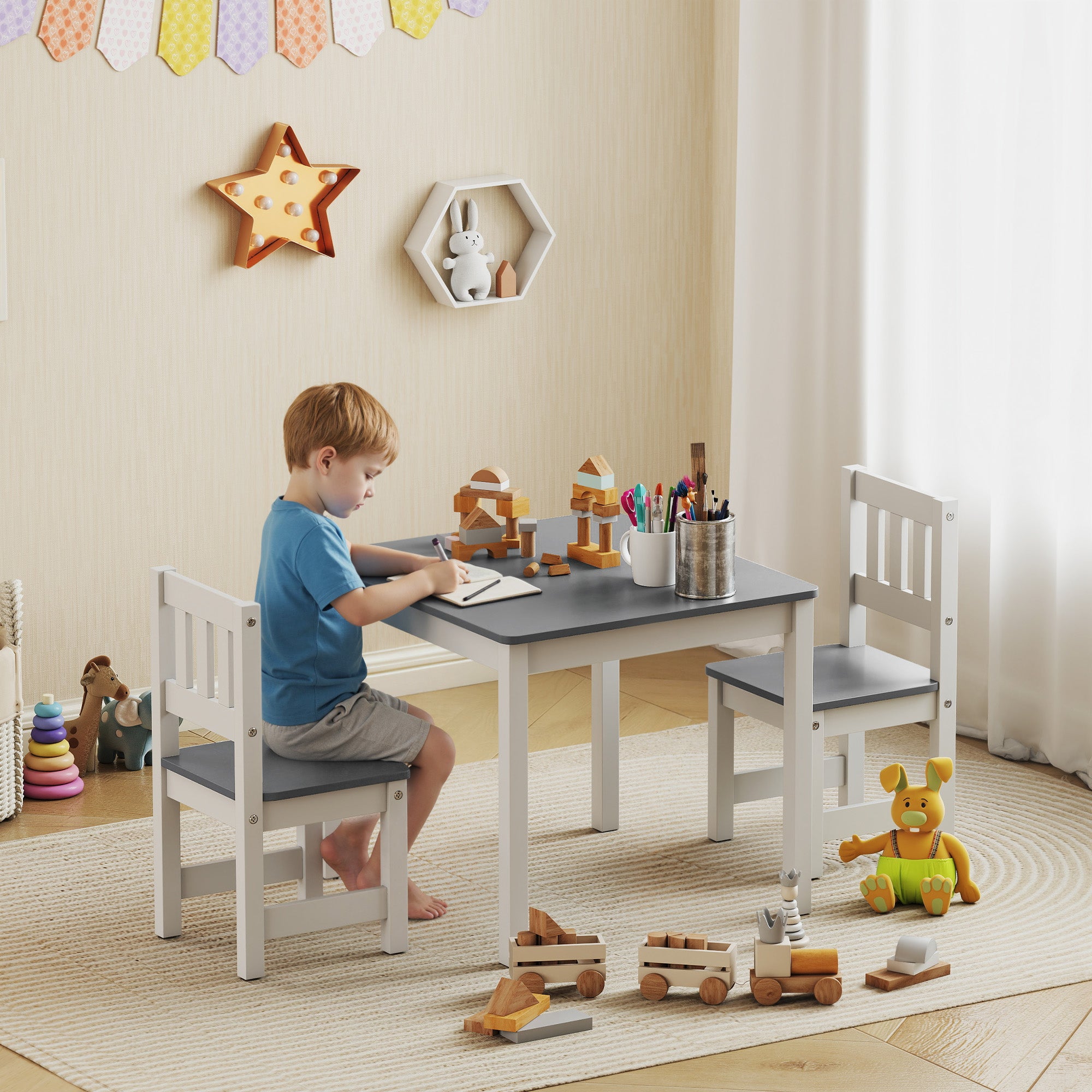Set Tavolo e Sedie per Bambini da 3-8 Anni in Legno con Bordi Arrotondati Grigio e Bianco