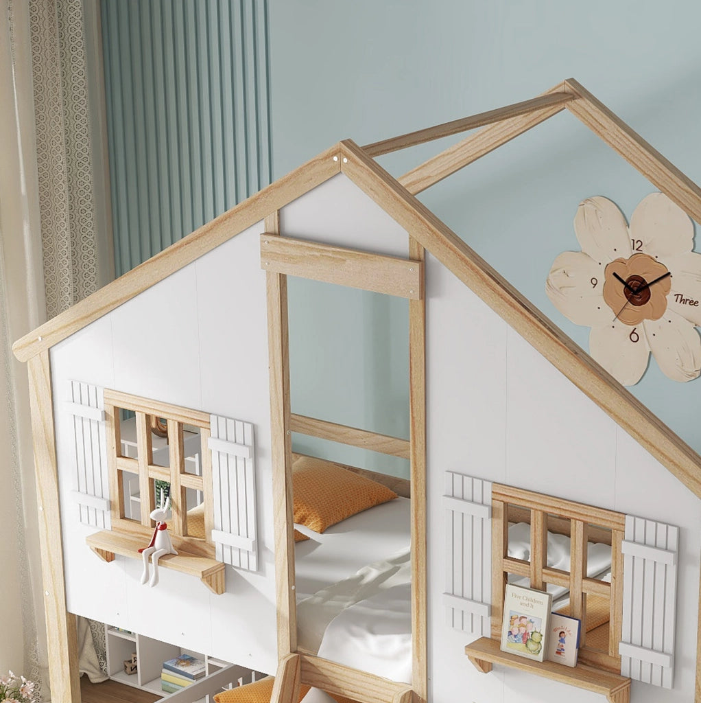 Letto a castello per bambini con scala inclinata, finestre decorative e sponde di sicurezza