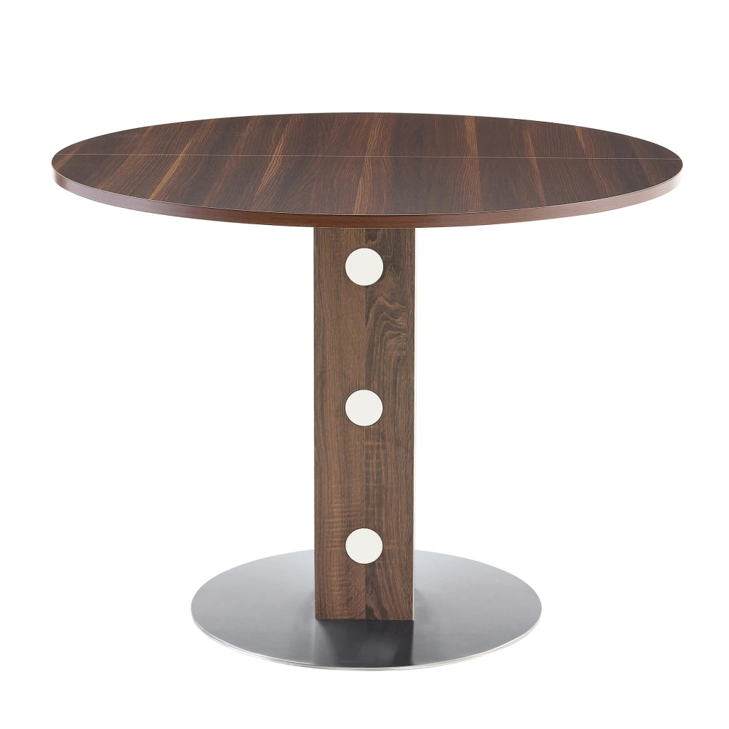 Tavolo da pranzo rotondo con piano effetto noce e base in metallo, per cucina e soggiorno, diametro 100 cm, altezza 76 cm
