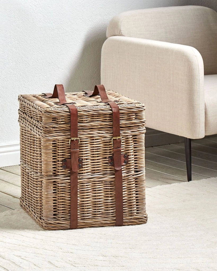 Baule in rattan telaio in mogano cinture in pelle coperchio fatto a mano naturale soggiorno camera da letto stile boho