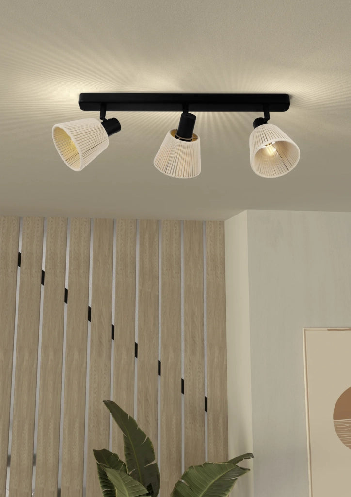 Faretti E Spot Rustico Country Seagard Acciaio Nero Tessuto Bianco 3 Luci E14