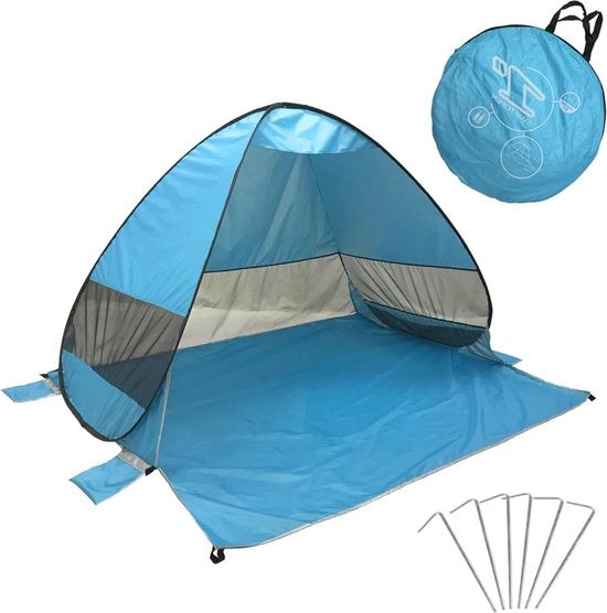 Tenda da spiaggia Pop-up tenda da spiaggia per 2 persone 200 x 165 x 130 cm protezione UV con tasca di stoccaggio e strisce di ombreggiamento e zonizzazione (azzurro chiaro)