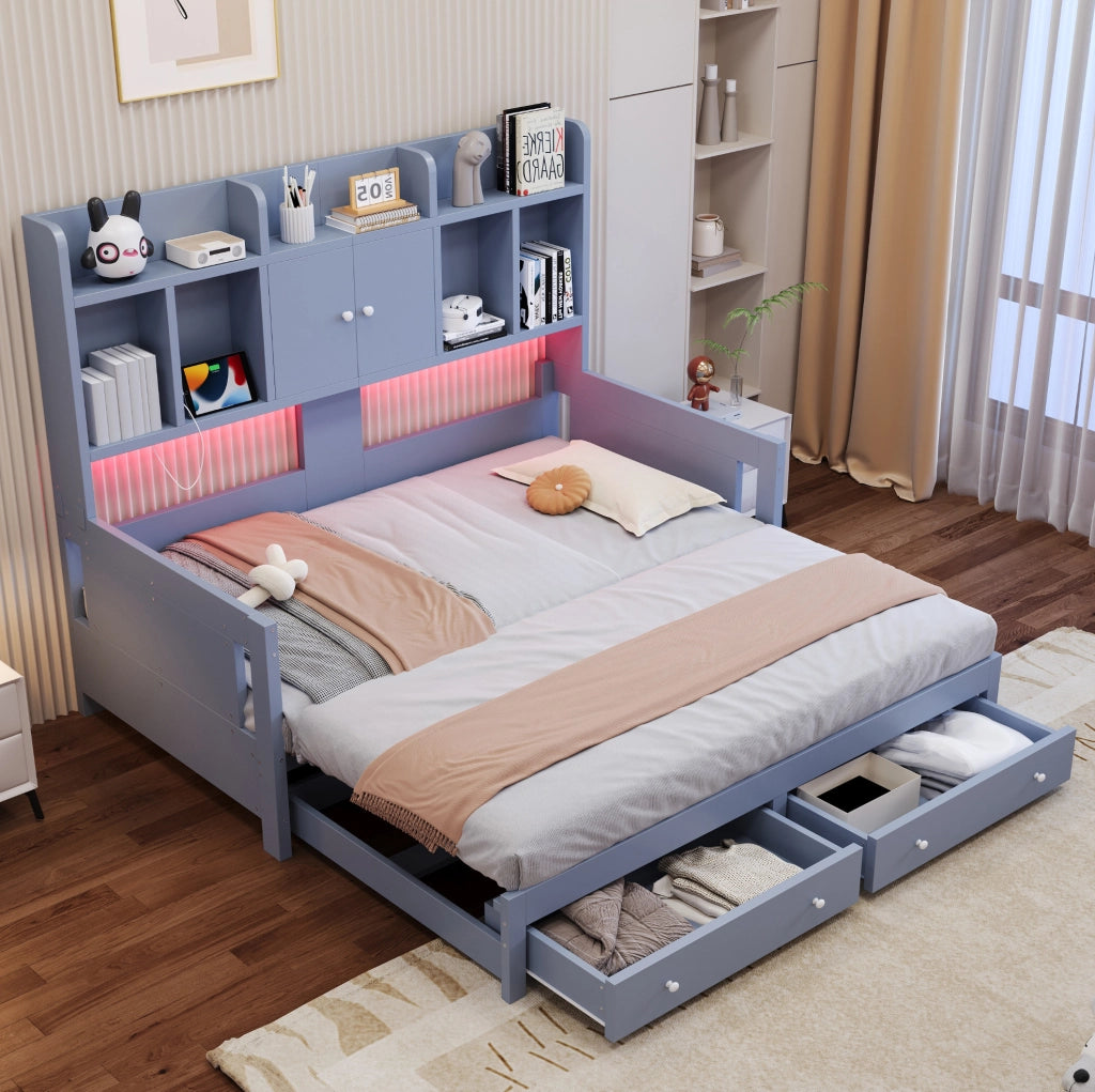 Divano letto estraibile in legno con cassetti; LED e presa; grigio; 90x190 cm
