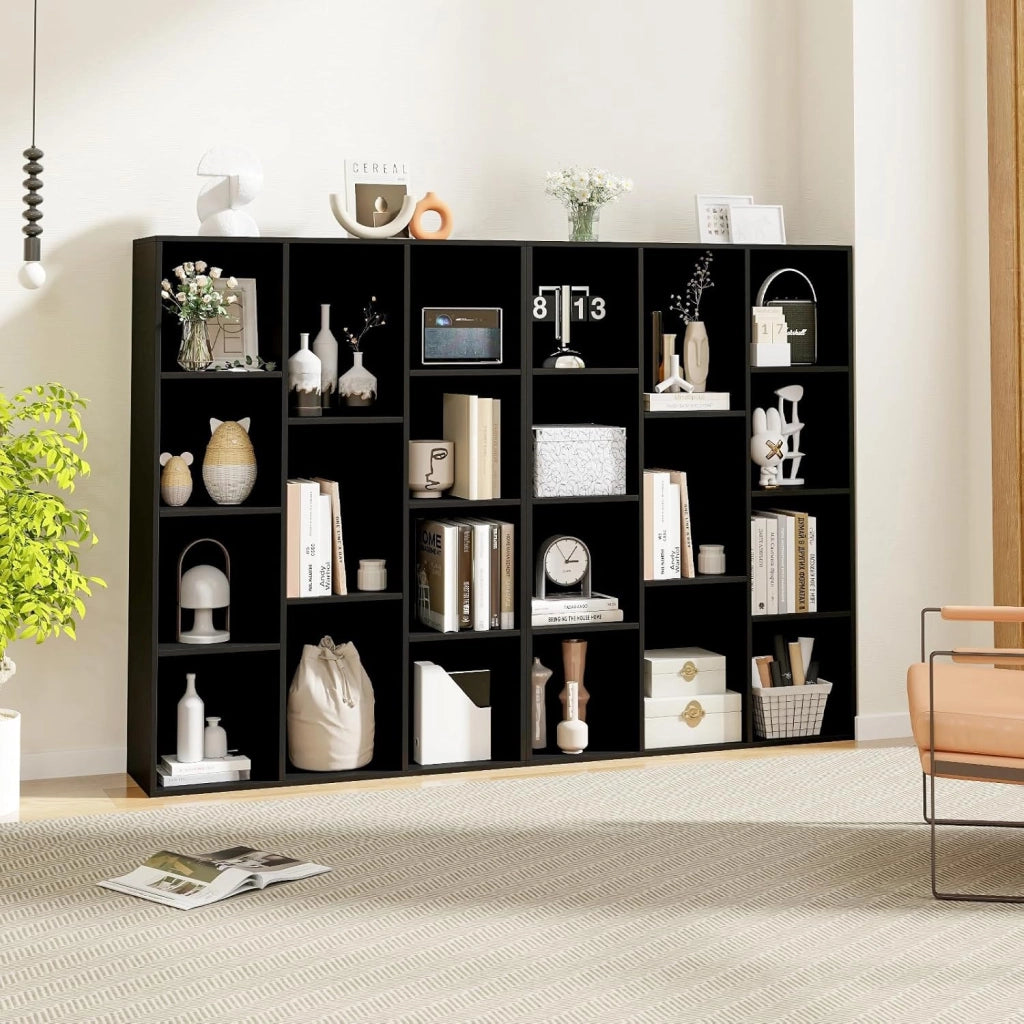 Libreria a 11 scomparti, libreria a scaffale, 2 kit anti-ribaltamento, pannelli posteriori chiusi, mobile portaoggetti in legno, 74 x 24 x 106 cm (nero)