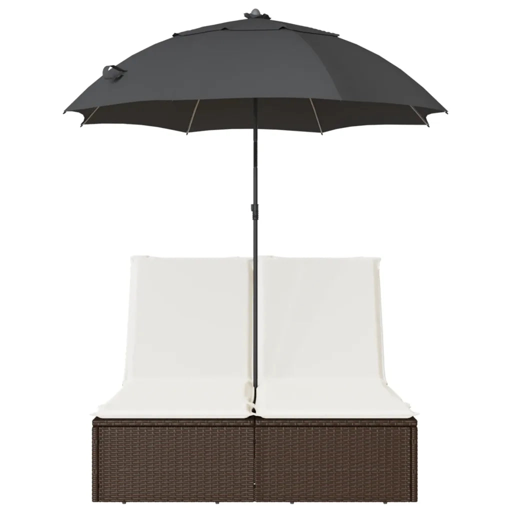 Lettino Prendisole Doppio Cuscini e Parasole Marrone Polyrattan 368082