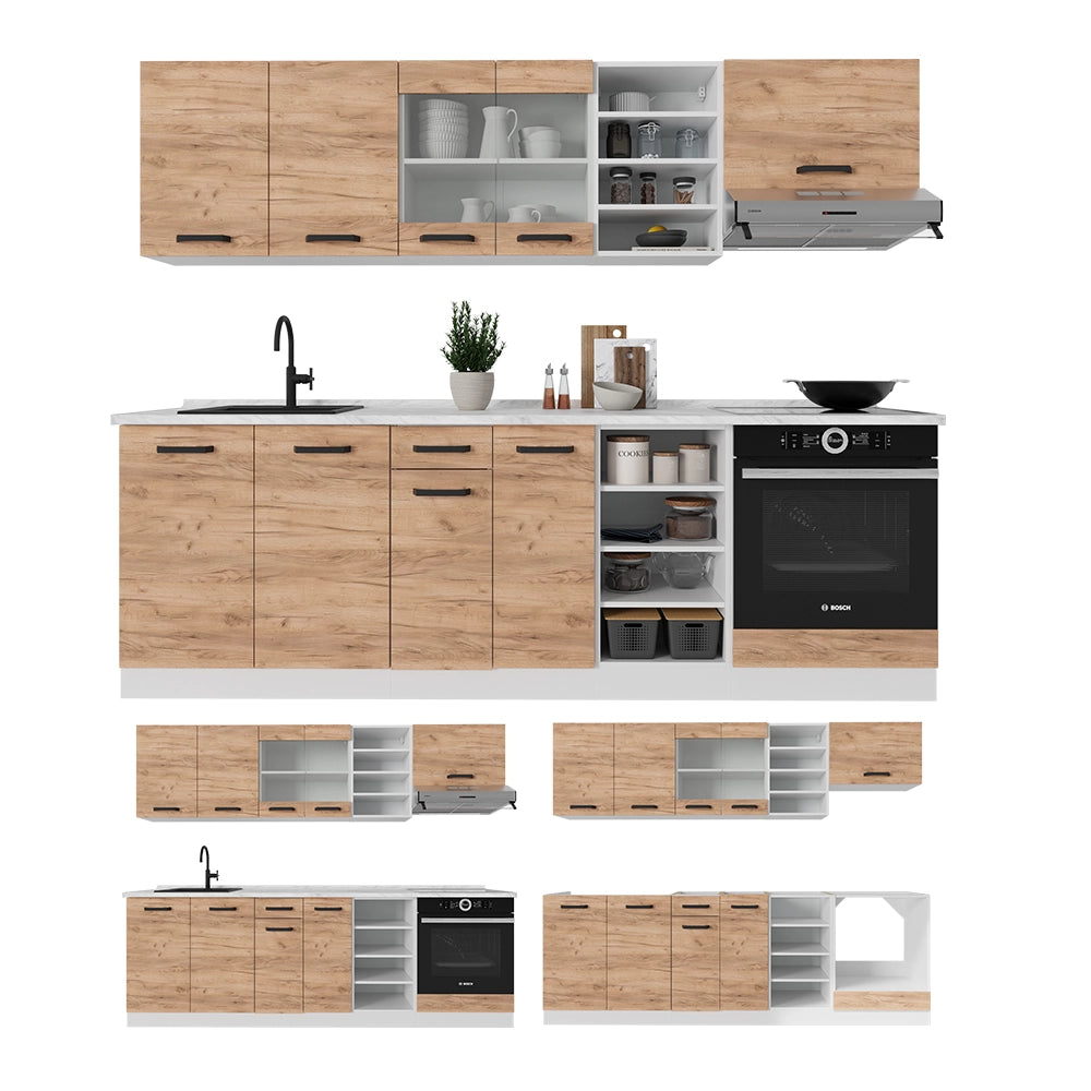 Cucina componibile R-Line Rovere dorato/Bianco 240 cm PL Marmo Vicco