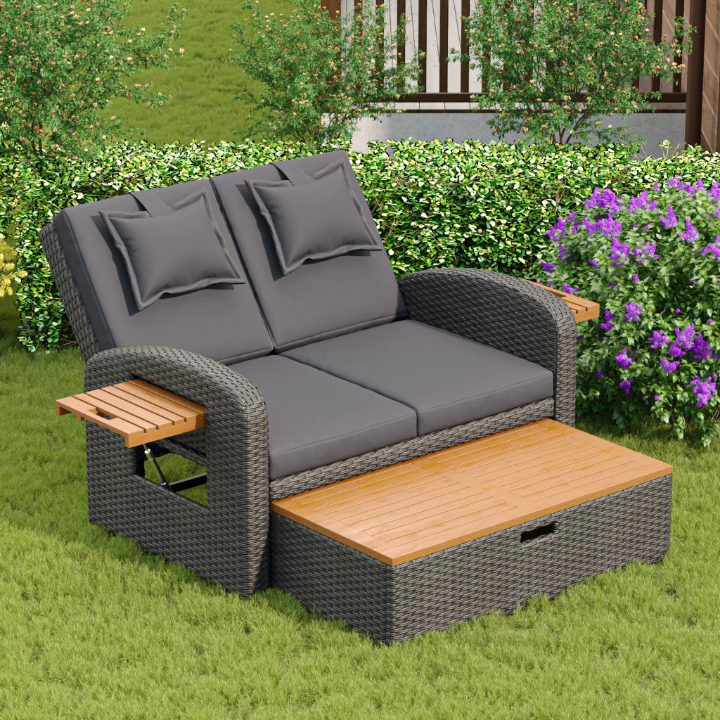 Set Lounge da Giardino 2 Posti con Poggiapiedi ¨C MINIMAL ¨C Rattan Grigio, Schienale Regolabile