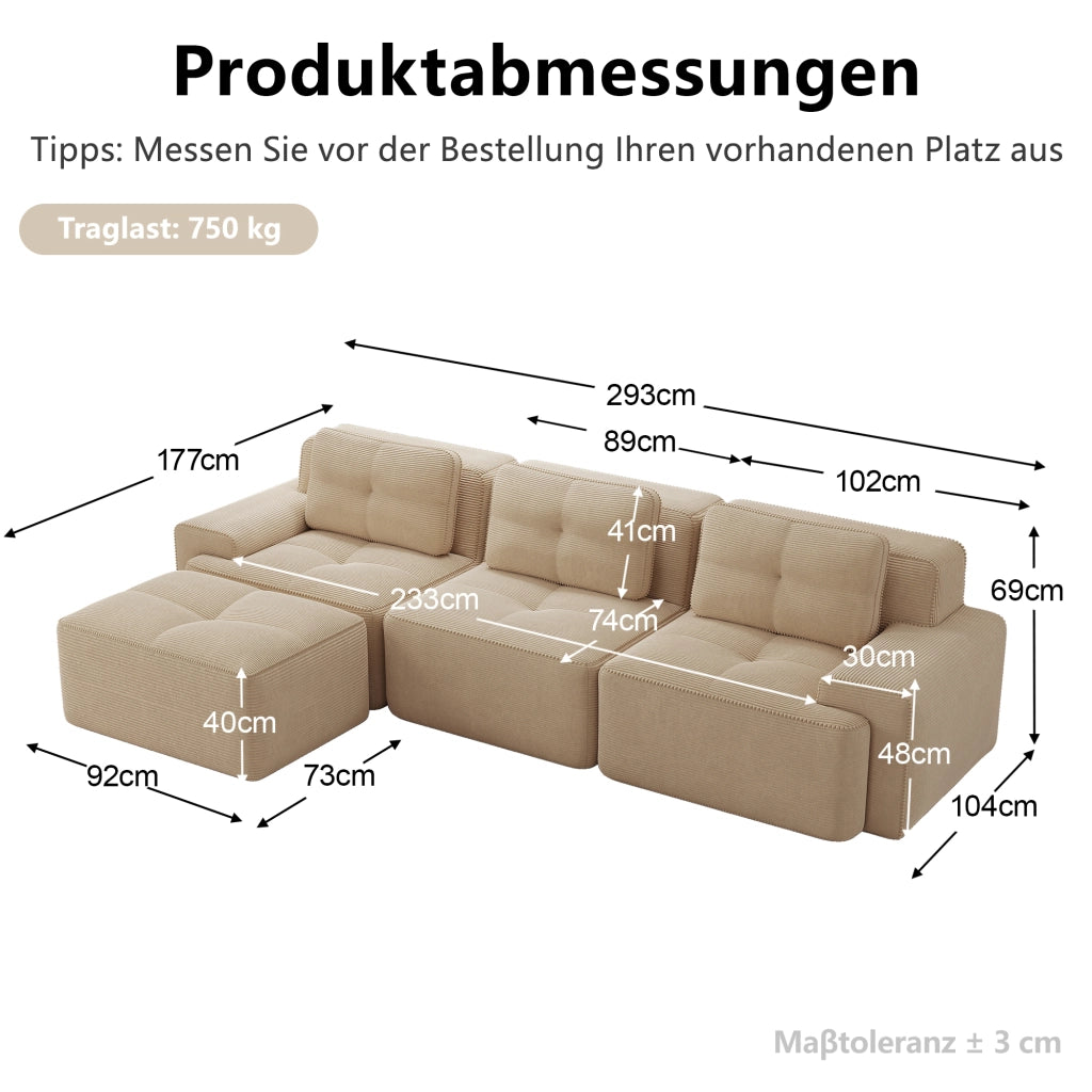 Divano modulare a L 3 posti beige 293x177x69 cm con pouf; velluto a coste