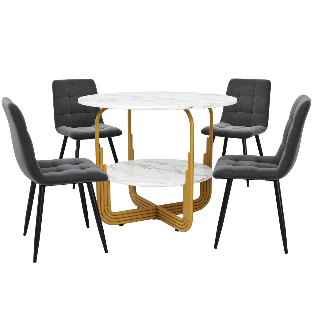 Set da pranzo 5 pezzi con tavolo rotondo in MDF effetto marmo e 4 sedie in velluto